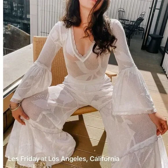 Les Friday Women's White Beach Pants Wide Leg Size S Resort Wear Knit wear NWT - Picture 2 of 15